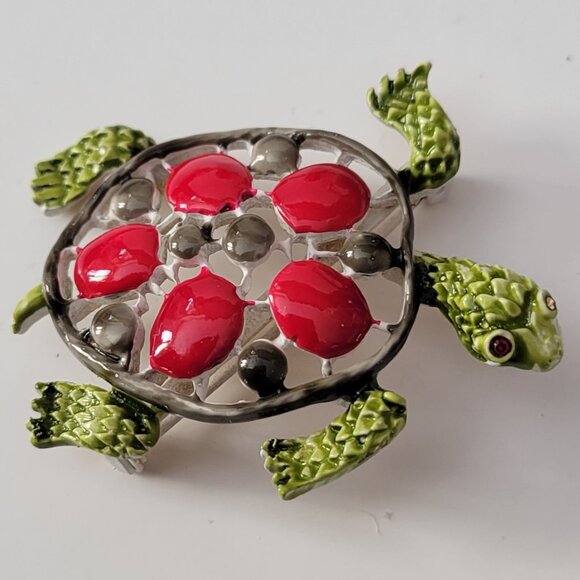 VTG Turtle Brooch Red Cabochon Shell Green Enamel Gold Tone Figural Tortoise Pin - Picture 2 of 8